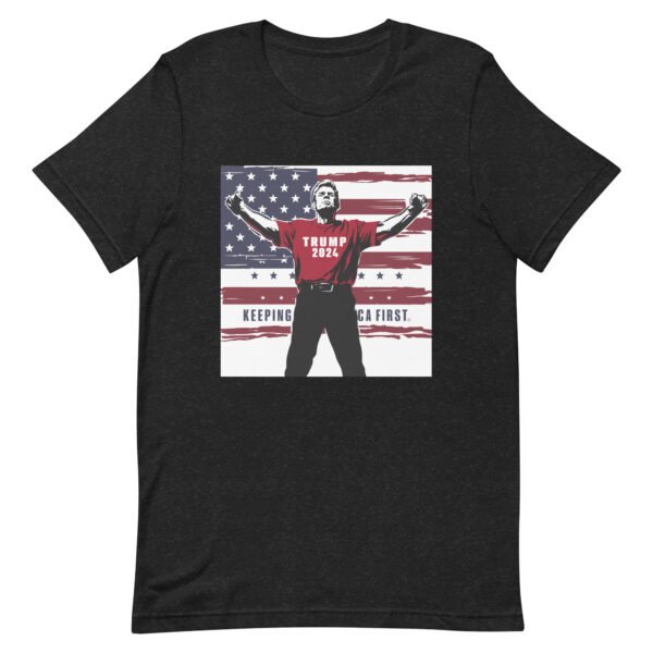 Trump Standing Arms Our Make America First Flag Background Unisex t-shirt