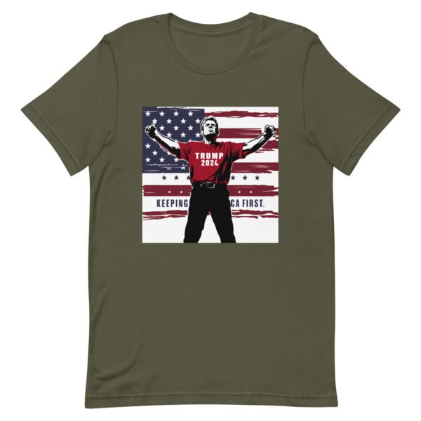 Trump Standing Arms Our Make America First Flag Background Unisex t-shirt - Image 5