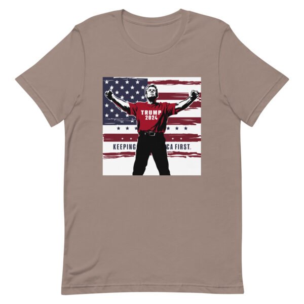 Trump Standing Arms Our Make America First Flag Background Unisex t-shirt - Image 6