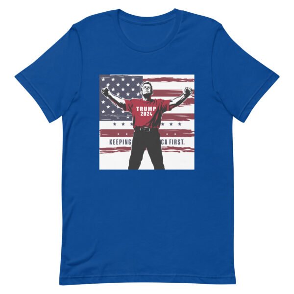 Trump Standing Arms Our Make America First Flag Background Unisex t-shirt - Image 3